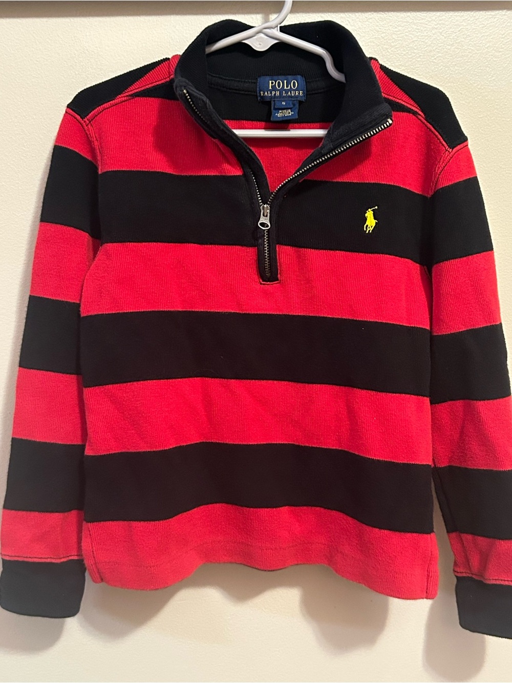 Polo Ralph Lauren Boys 1/4 Zip Pullover Sweater Red Black Striped Yellow Pony 5